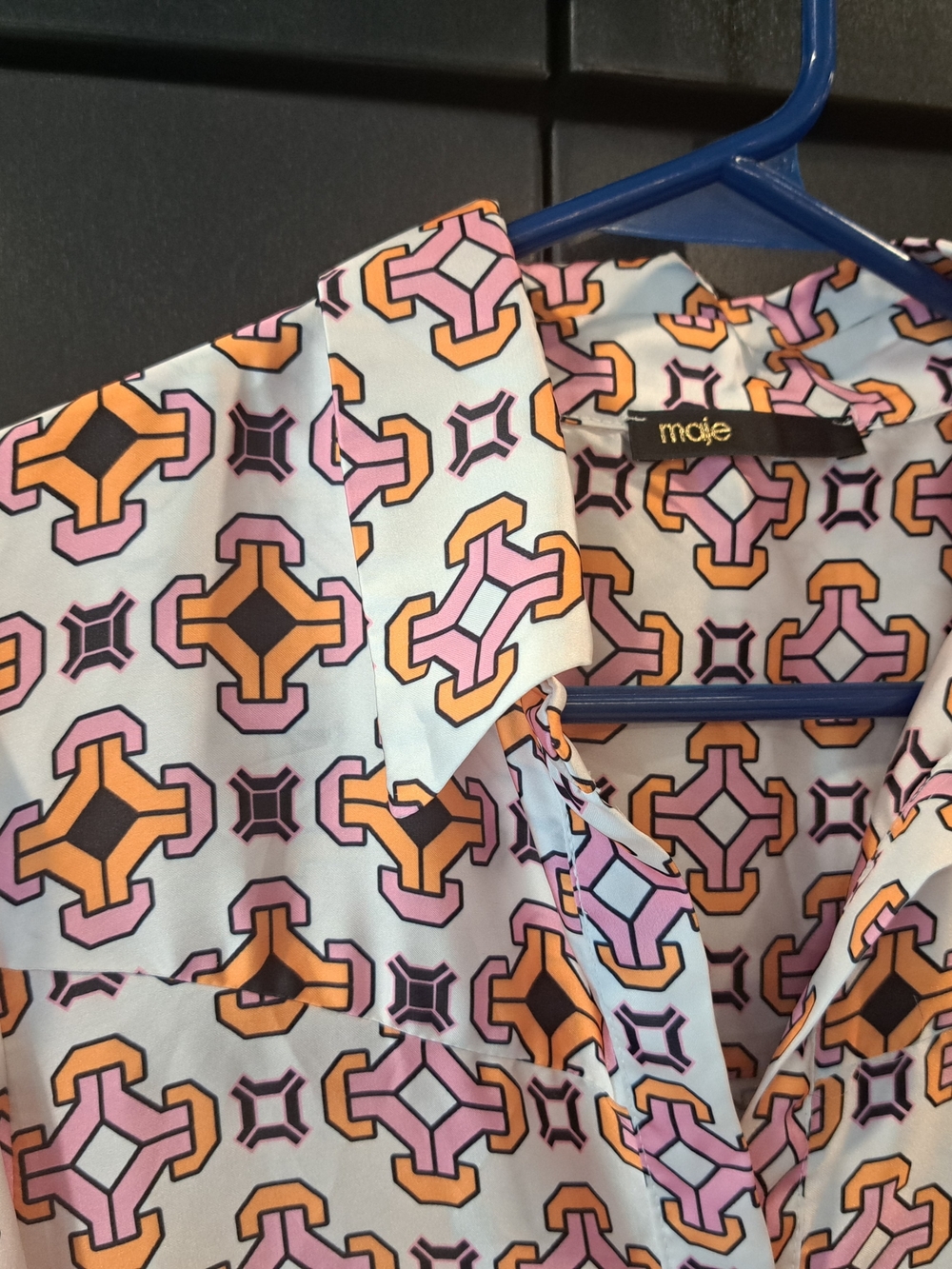 Maje Cream Midi Shirt Dress with Pink, Orange & Blue Geometric Print - Picture 5 of 6